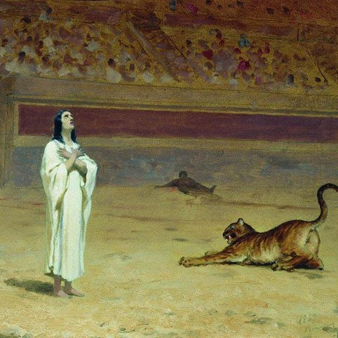 Fyodor Bronnikov's depiction of an Early Christian martyr dressed in white with arms crossed as a vicious leopard approaches.