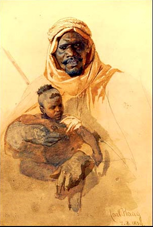 Bachist, a Howazeen Bedawee and Mabzookh, his Little Son, by Carl Haag, 1857